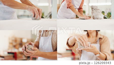 Pottery, hands and person with collage in studio for handmade sculpture, design process and ceramic shaping. Small business, clay and potter with manufacturing creative artwork for order production 126209343