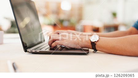 Hands, person and typing on laptop for pottery, inventory management and review clay orders on website. Potter, online and feedback for stock supply, craft checklist and information of small business 126209365