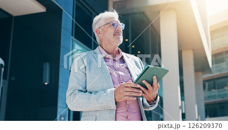 Mature, businessman and realtor with tablet in city for corporate real estate, property or vision. Man, CEO or building investor with technology or thinking for business development in an urban town Mature, businessman and realtor with tablet in city for corporate real estate, property or vision. Man, CEO or building investor with technology or thinking for business development in an urban town 126209370