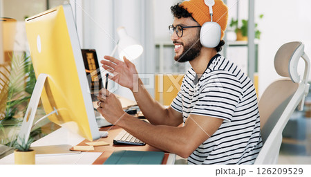 Computer, headphones and happy businessman on video call for communication with social media analyst. Webinar, virtual meeting and creative worker talking for engagement results in startup office 126209529