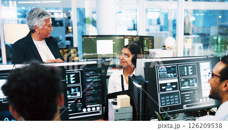 Business people, computer or programming team with monitor for cybersecurity at office. Group, developer or coders with technology screen or display for online maintenance or software development Business people, computer or programming team with monitor for cybersecurity at office. Group, developer or coders with technology screen or display for online maintenance or software development 126209538