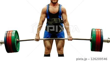 man powerlift lift heaviest barbell at deadlift competition isolated on white background 126209546