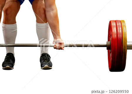 performing deadlift man athlete in powerlifting competition isolated on white background 126209550