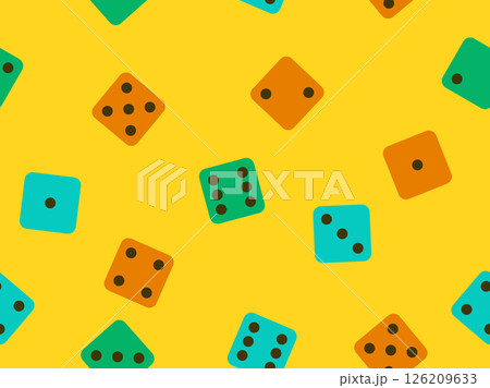 Seamless pattern of dice. Multicolored dice, top view. Casino dice game. Design for apps, banners, booklets, covers. Vector illustration Seamless pattern of dice. Multicolored dice, top view. Casino dice game. Design for apps, banners, booklets, covers. Vector illustration 126209633
