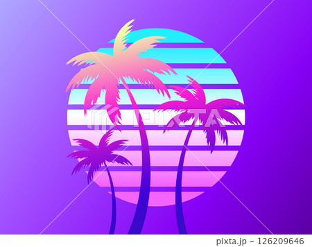 Three palm trees on a sunset 80s retro sci-fi style. Summer time. Futuristic sun retro wave. Design for advertising brochures, banners, posters, travel agencies. Vector illustration 126209646