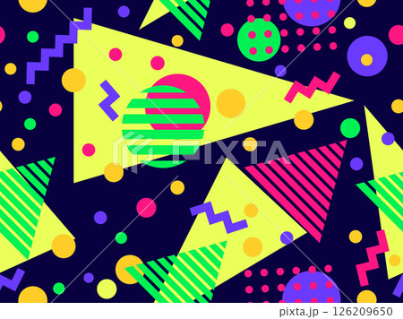 Geometric seamless pattern with memphis elements in 80s style. Colorful pattern with different geometric shapes. Design for packaging, covers, wrapping and promotional products. Vector illustration Geometric seamless pattern with memphis elements in 80s style. Colorful pattern with different geometric shapes. Design for packaging, covers, wrapping and promotional products. Vector illustration 126209650