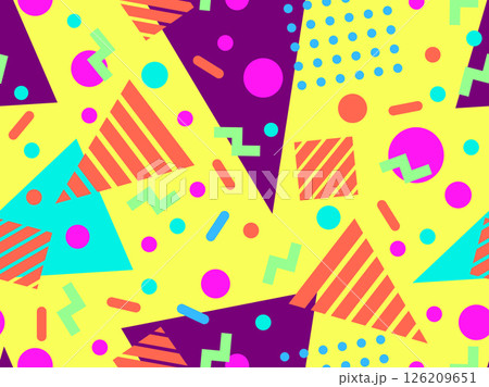 Geometric seamless pattern with memphis elements in 80s style. Colorful pattern with different geometric shapes. Design for packaging, covers, wrapping and promotional products. Vector illustration Geometric seamless pattern with memphis elements in 80s style. Colorful pattern with different geometric shapes. Design for packaging, covers, wrapping and promotional products. Vector illustration 126209651