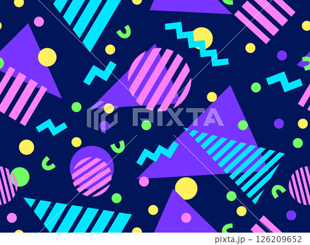 Geometric seamless pattern with memphis elements in 80s style. Colorful pattern with different geometric shapes. Design for packaging, covers, wrapping and promotional products. Vector illustration Geometric seamless pattern with memphis elements in 80s style. Colorful pattern with different geometric shapes. Design for packaging, covers, wrapping and promotional products. Vector illustration 126209652