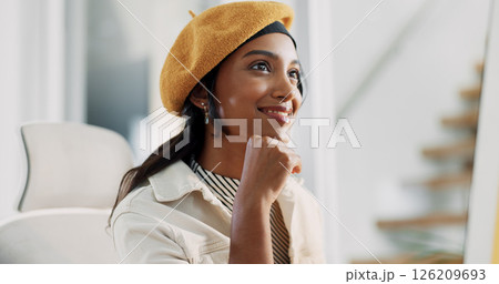 Thinking, confident and woman in office, smile and daydreaming for career growth in creative agency. Happy, writer and person with inspiration for story, ambition or reflection for future in business Thinking, confident and woman in office, smile and daydreaming for career growth in creative agency. Happy, writer and person with inspiration for story, ambition or reflection for future in business 126209693