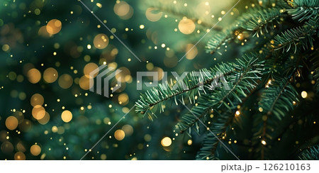Christmas Lights Hanging against Evergreen Trees Pine Branches with Needles. Winter Evergreen Fir, Many Particles of Snow Dust Falling. Green Spruce, Tiny Light Golden Bokeh. Natural Xmas Background 126210163