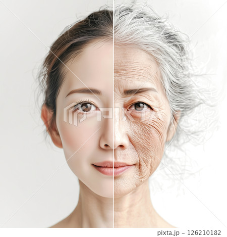 若さと老化のビフォーアフターの比較イメージ。美容・医療、健康、スキンケア広告に最適な素材 126210182