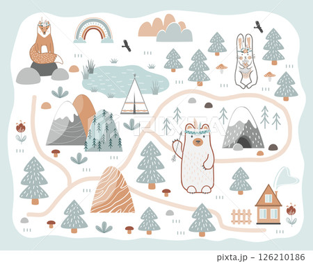 Cute nursery floor mat with adventure camping and animals. Vector illustration in Scandinavian style. Cute nursery floor mat with adventure camping and animals. Vector illustration in Scandinavian style. 126210186