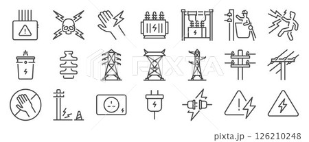 High voltage icon set. It includes electricity, electric, transmission line, tower, insulator and more icons. Editable Vector Stroke. 126210248