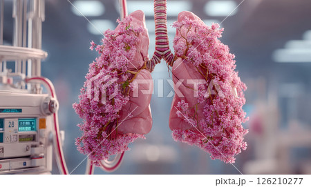 Stylized human lungs intertwined with blooming pink flowers, connected to medical tubes in a soft-lit lab 126210277