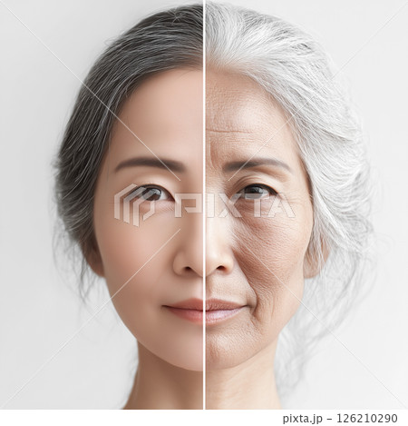 40代ミドルから70代シニアへの老化のビフォーアフター比較イメージ。美容・医療、健康、スキンケア広告 40代ミドルから70代シニアへの老化のビフォーアフター比較イメージ。美容・医療、健康、スキンケア広告 126210290