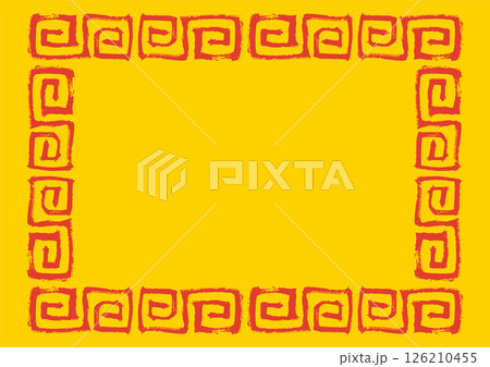 中華風フレーム。筆タッチの手描き雷紋。赤と黄色の四角 126210455