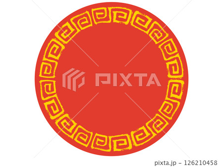 中華風フレーム。筆タッチの手描き雷紋。赤と黄色の円形 126210458