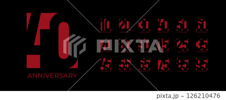 Geometric Red Anniversary Number Set on Black Background Featuring Modern Typography for Milestones from 10 to 95 Years. Ideal for Celebrations, Events, and Branding. Vector Illustration. 126210476