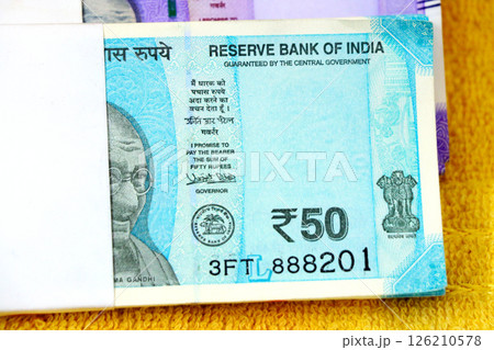 Top view of Indian Currency 50 Rupee Note Bundle 126210578