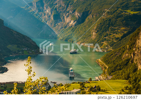 Cruise ship on fjord, Geiranger Norway. Cruise ship on fjord, Geiranger Norway. 126210697