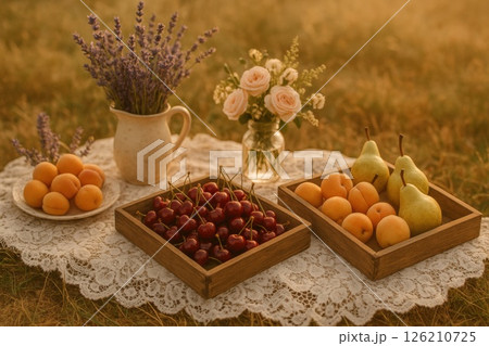 Rustic summer picnic scene with cherries, apricots 126210725