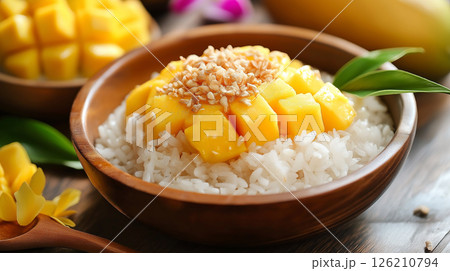 Delicious mango sticky rice served in Thailand 126210794