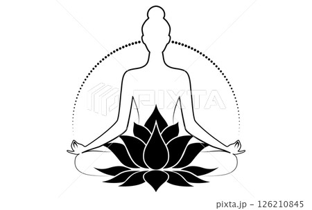 Woman sitting in lotus position and meditating. Sacred Lotus flower, logo design. Flower blossom symbol of yoga, spa, beauty salon, cosmetics, relax, brand style. Vector isolated on white background 126210845