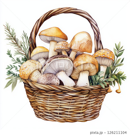 watercolor illustration basket filled mushrooms depicted watercolor illustration basket filled mushrooms depicted 126211104