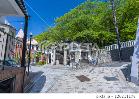神戸　北野天満神社　新緑に包まれた石鳥居と石段の参道 126211178