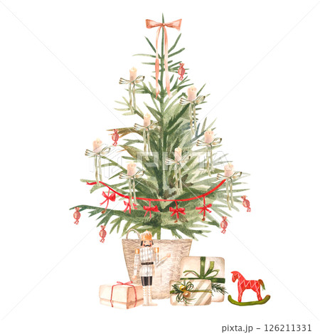 Watercolor composition with a Christmas tree 126211331