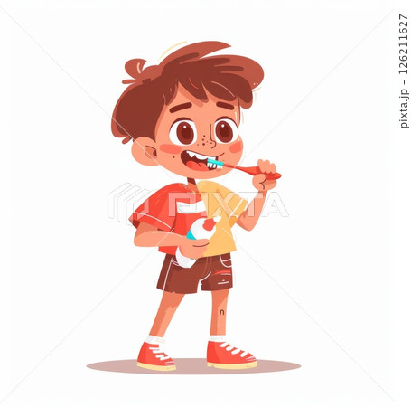 Cute Cartoon Boy Brushing Teeth with Toothbrush and Cup 126211627