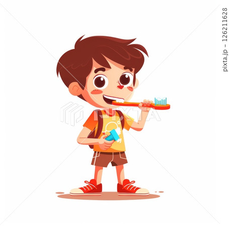 Cute Cartoon Boy Brushing Teeth with Toothbrush and Cup 126211628