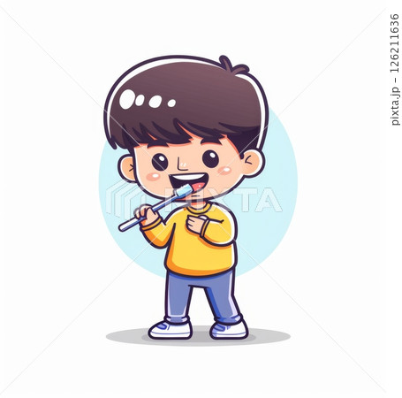 Cute Cartoon Boy Brushing Teeth with Toothbrush and Cup 126211636