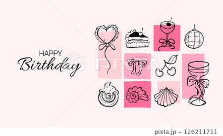 Birthday celebration banner with festive doodles. Cake, glass and cherry sketch elements. Wedding, holiday, party decoration background. Coquette Aesthetic style. Elegant vector illustration. 126211711