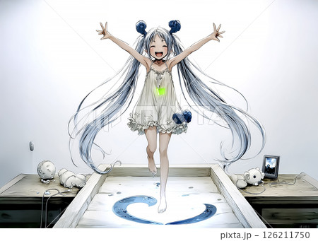 テクノフェアリー　外に連れて行ってもらうのを待っているフル充電になった充電の妖精のイラスト素材 126211750