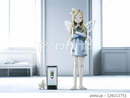 テクノフェアリー　外に連れて行ってもらうのを待っているフル充電になった充電の妖精のイラスト素材 126211752