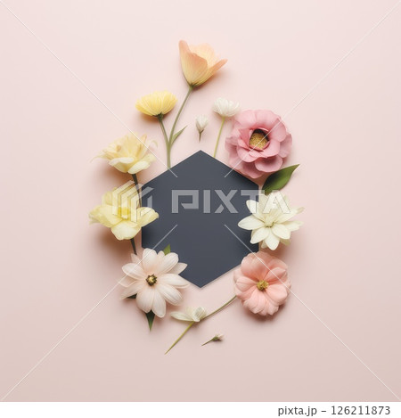Flowers surround a black circle on a pink background. AI-generated content. 126211873