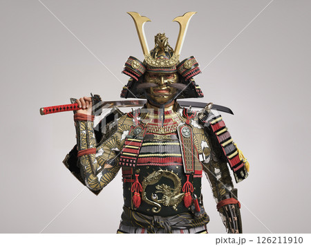 刀を持つ甲冑を着た武士（サムライ）の3Dイラスト 126211910