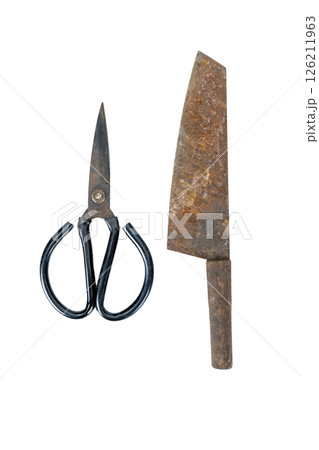 Knife has heavily corroded blade, while scissors have darkened, oxidized finish 126211963