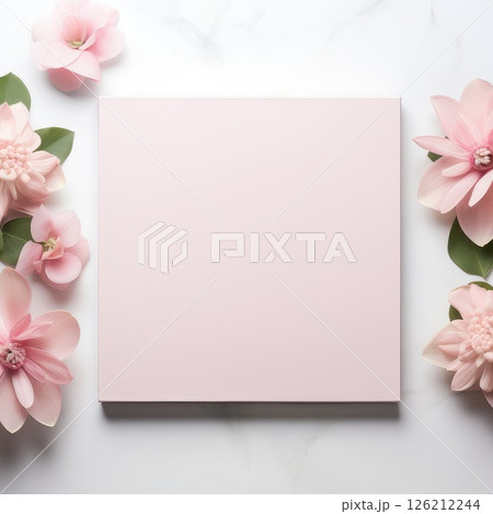 A pink square with flowers and green leaves on a white background. AI-generated content. 126212244