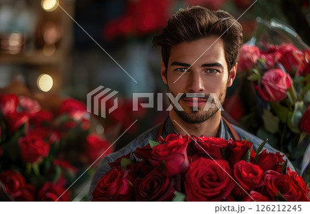 A Young Man is Surrounded by a Breathtaking Arrangement of Fresh Red Roses in a Floral Shop. AI-generated content. 126212245