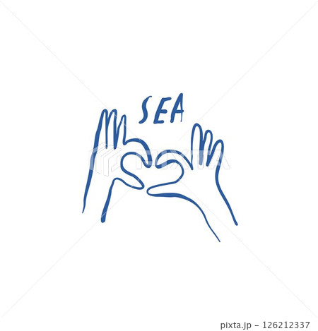 Sea themed love concept with hands forming a heart shape and separate sea lettering on white background 126212337