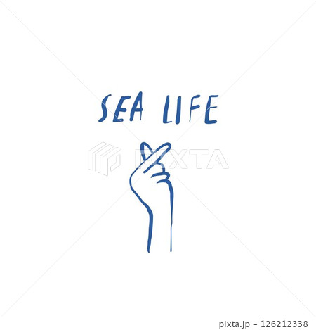 Hand drawn fingers forming a heart shape with separate sea life lettering on white background 126212338