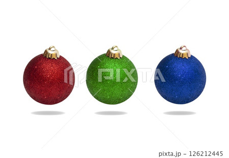 Set of shiny red, green, blue Christmas balls with shadows isolated on white background 126212445