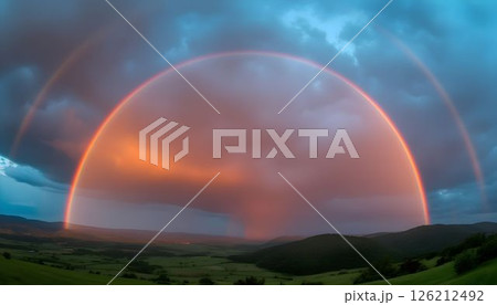 Rare double rainbow above vibrant hills 126212492