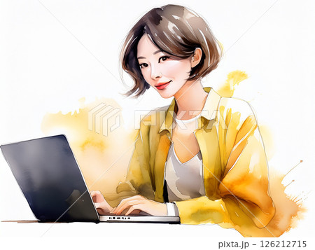 ノートパソコンで作業をする若い女性の水彩画 126212715