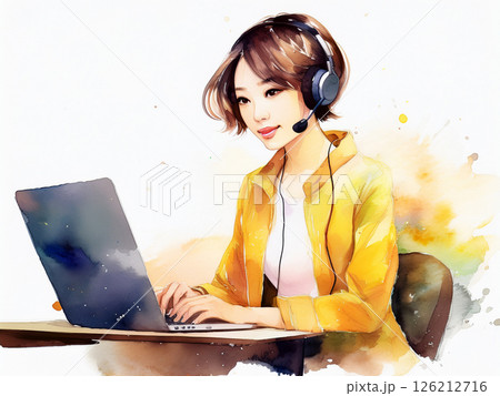 ノートパソコンで作業をする若い女性の水彩画 126212716