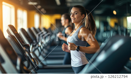 woman treadmill scene light windows tank 126212794