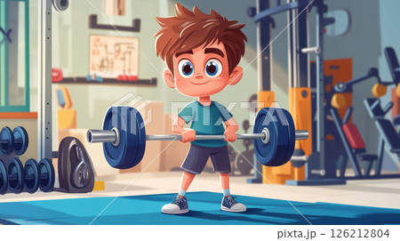 cartoonstyle illustration boy gym setting vibrant 126212804
