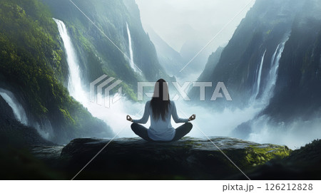 woman landscape waterfalls misty meditating cascading 126212828